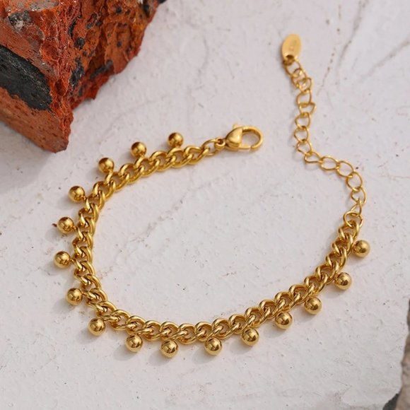 NEW 18K Gold Plated Bead Link Chain Bracelet - Picture 1 of 9
